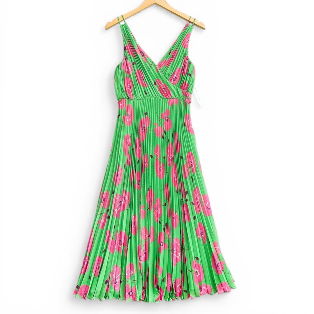 ML Monique Lhuillier Mina Pleated Midi Dress Dancing Poppies Green Pink 4 NWT